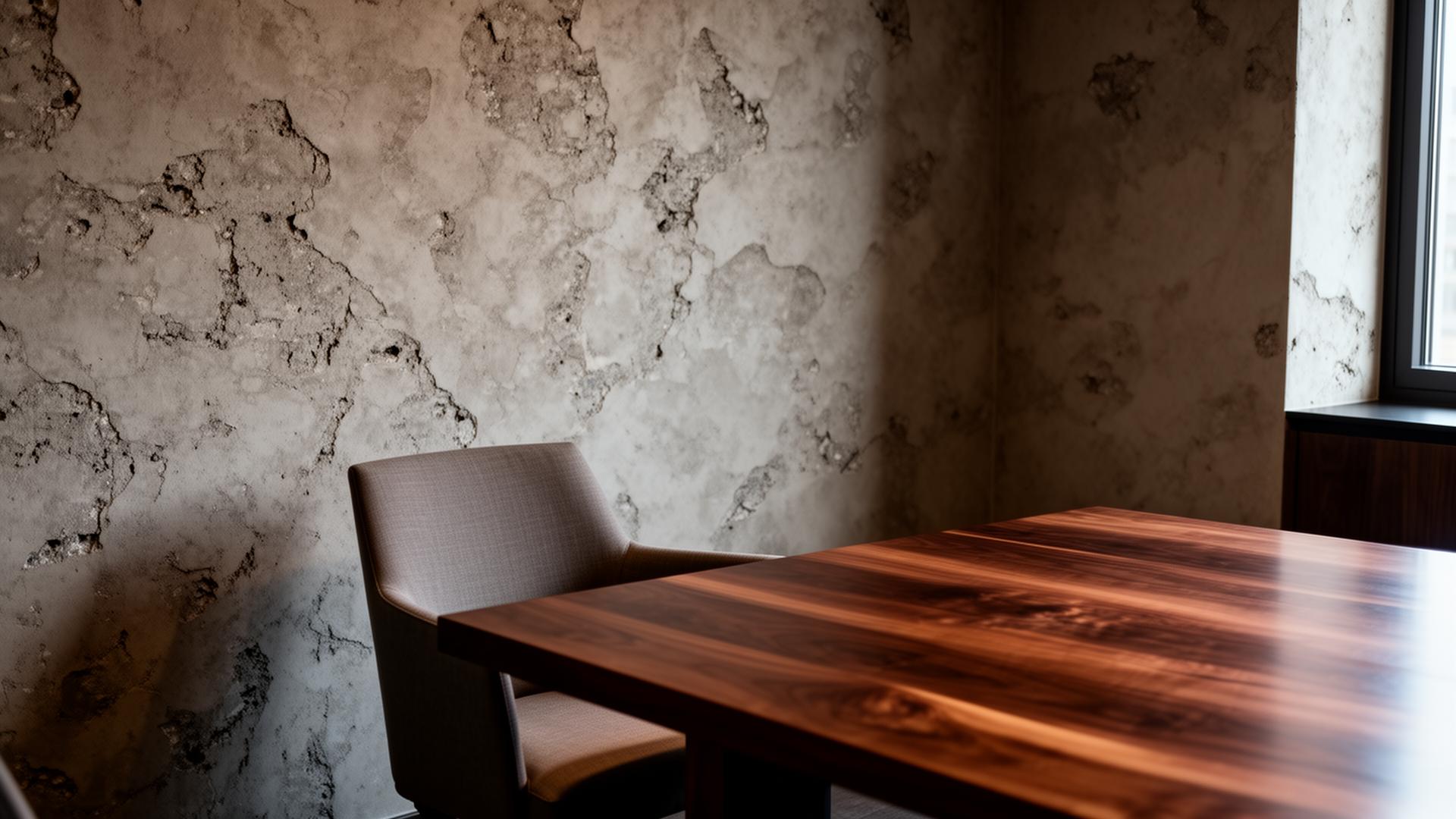 A private meeting room interior with a walnut table and textured wall.