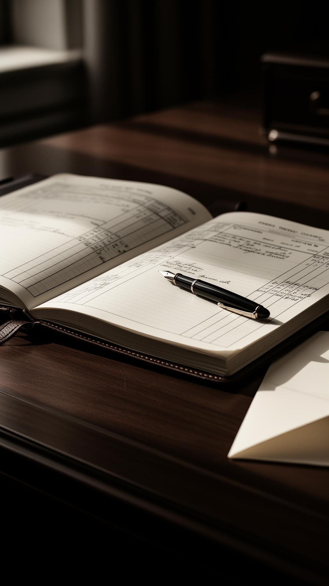 An open ledger and fountain pen on a dark wood desk.